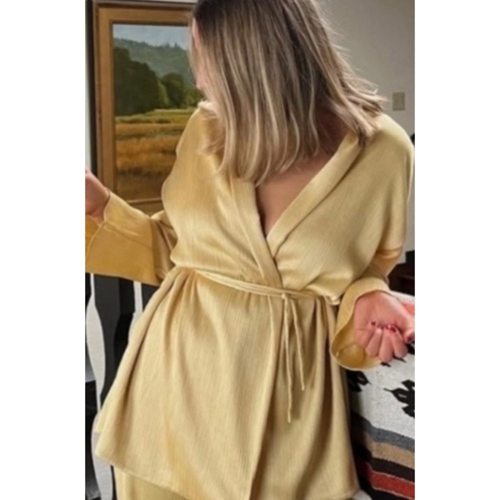 Zara Textured Kimono Wrap Jacket Yellow Tie Waist Long Sleeve NWT extra small